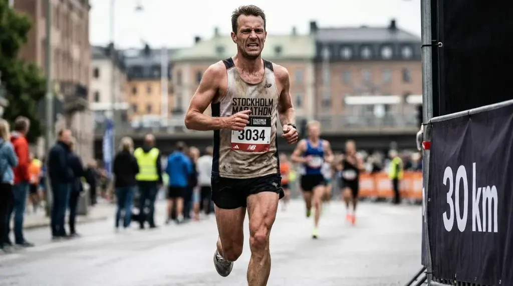 En löpare i full rörelse fotograferad framifrån i närbild på ett stadsmaraton som upplever den klassiska väggen