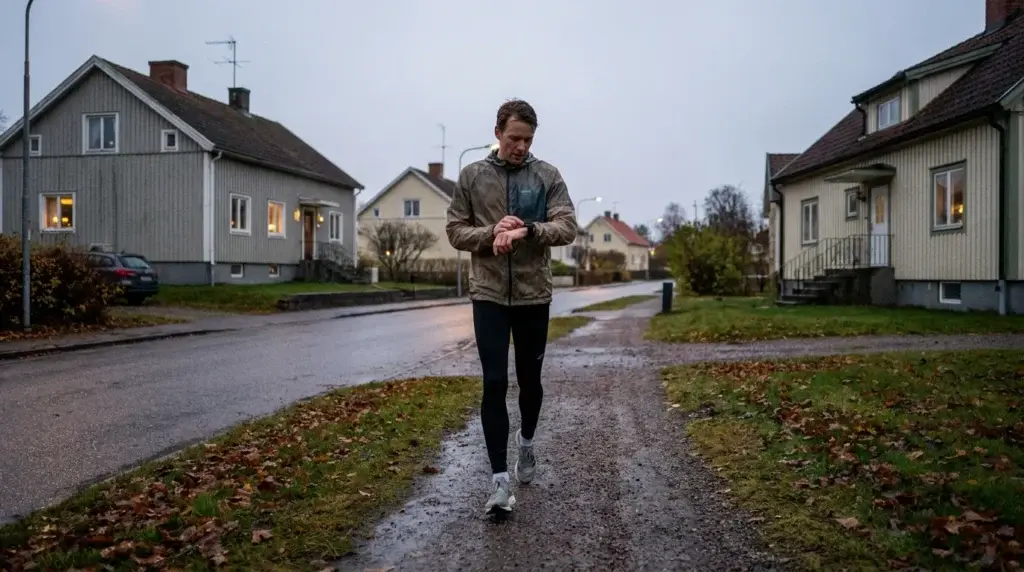 Nybörjarlöpare kollar tiden på löparklockan under ett lugnt joggingpass på en grusväg