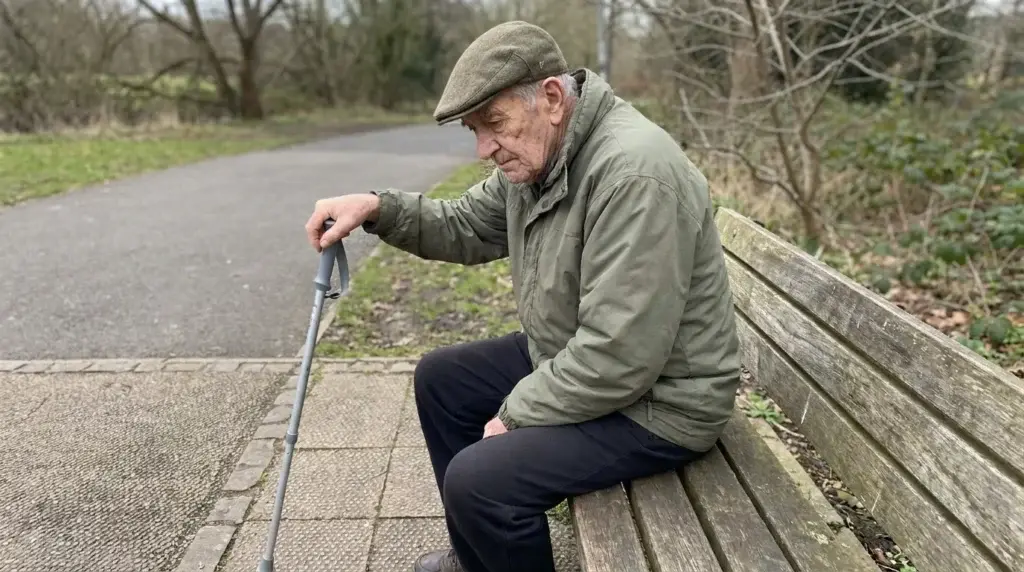 Äldre man vilar på en parkbänk med stav under en paus i promenaden