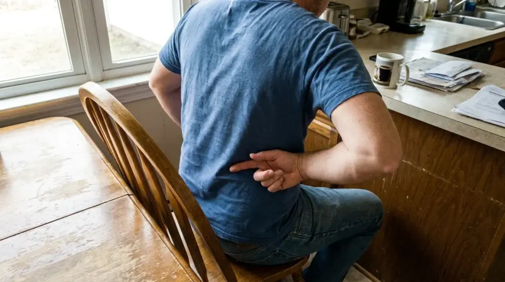 Person som pekar ut var i nedre ryggen smärtan sitter
