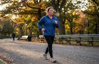 Kvinna i medelåldern går i rask powerwalk-takt på en asfalterad parkväg med armarna pumpande