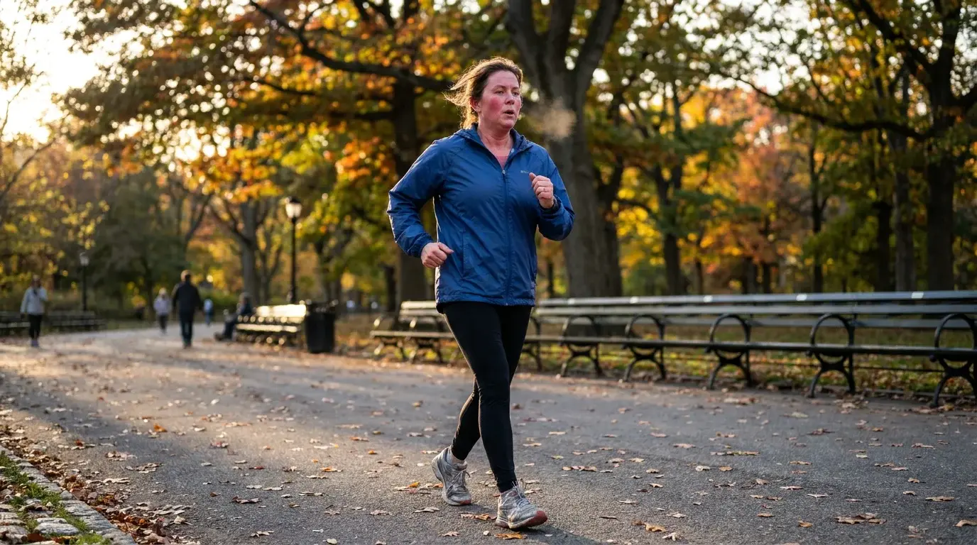 Kvinna i medelåldern går i rask powerwalk-takt på en asfalterad parkväg med armarna pumpande