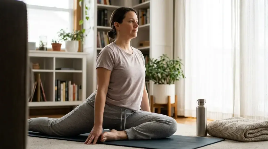 Person som håller en kontrollerad höftöppnande position på en yogamatta hemma i dagsljus