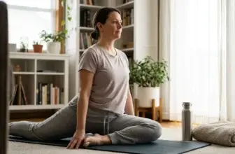 Person som håller en kontrollerad höftöppnande position på en yogamatta hemma i dagsljus