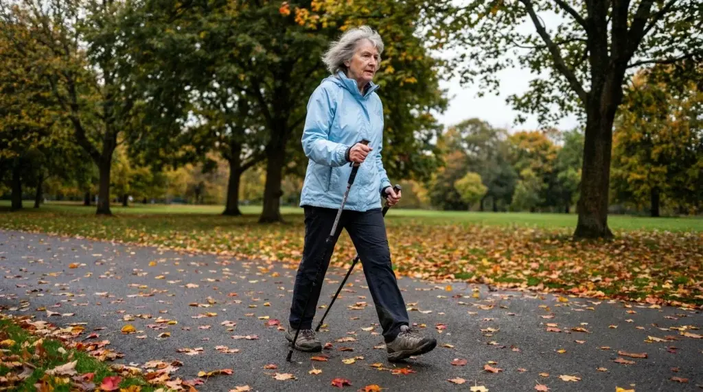 Äldre kvinna som går raskt med stavar på en jämn parkväg en tidig höstdag