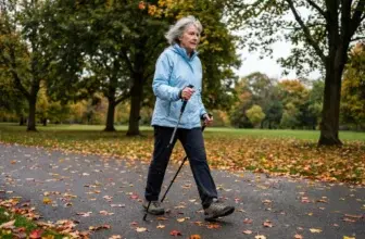 Äldre kvinna som går raskt med stavar på en jämn parkväg en tidig höstdag
