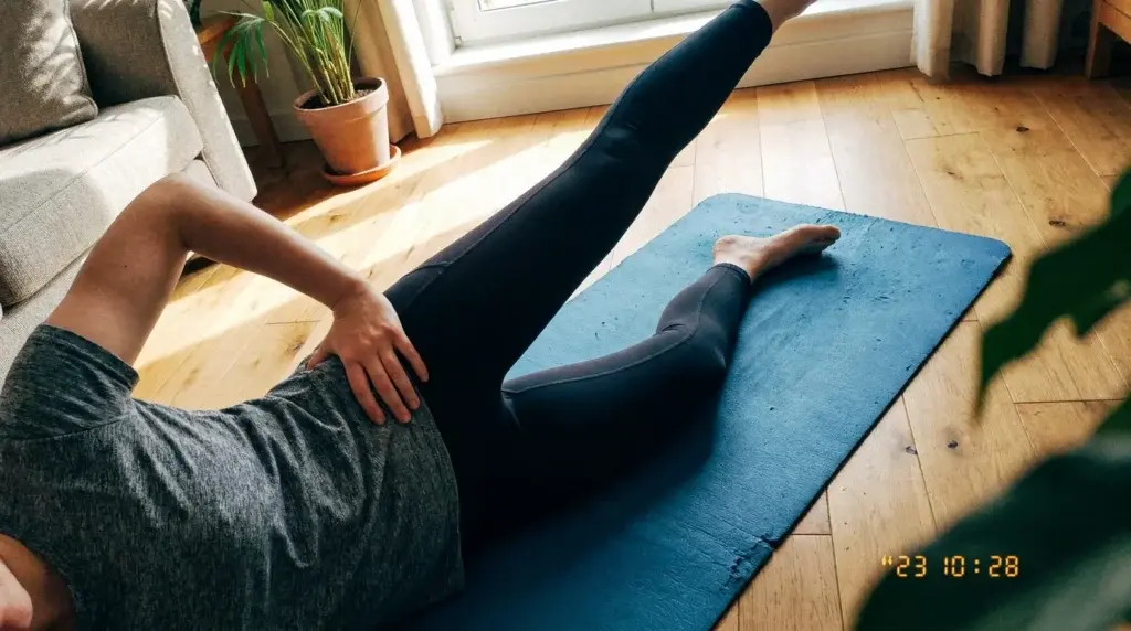 Sidoliggande höftlyft där handen känner att sätesmuskeln aktiveras