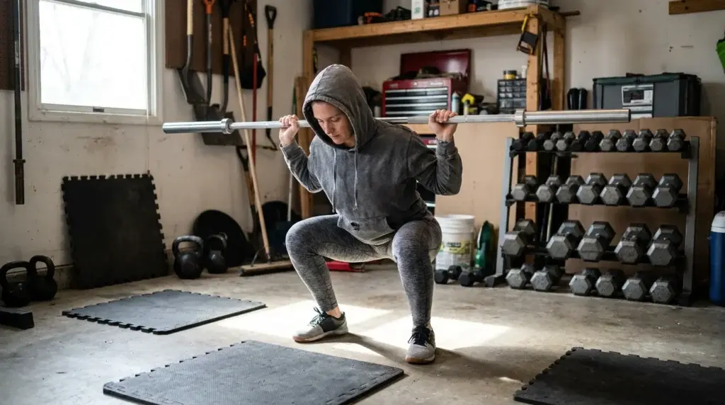 Person gör kontrollerad knäböj med lätt skivstång i ett hemmagym med naturligt dagsljus