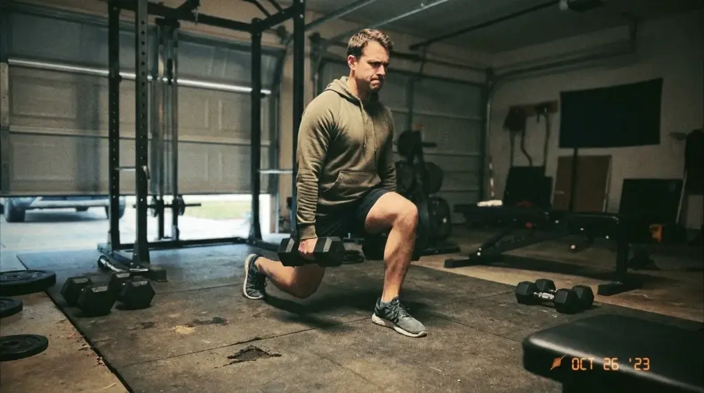 Split squat med hantlar där främre knät hålls kontrollerat över foten