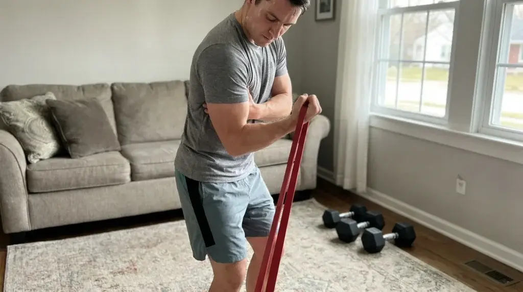 Person tränar biceps hemma med motståndsband och hantlar i vardagsrum