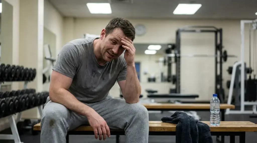Trött vardagsmotionär sitter på en bänk i gymmet och vilar efter ett träningspass