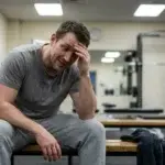 Trött vardagsmotionär sitter på en bänk i gymmet och vilar efter ett träningspass