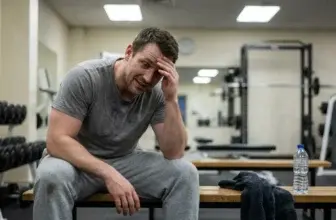 Trött vardagsmotionär sitter på en bänk i gymmet och vilar efter ett träningspass