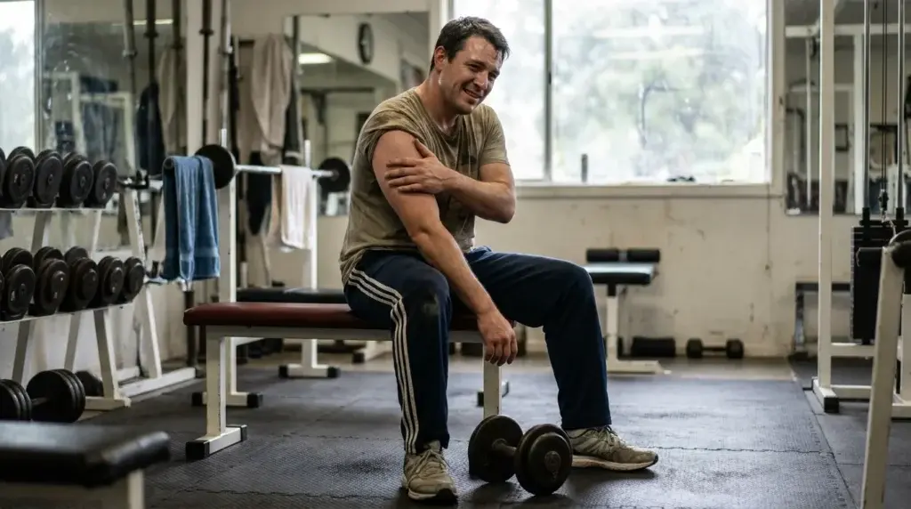 Person sitter på en gymbänk och håller om sin ömma överarm efter ett träningspass
