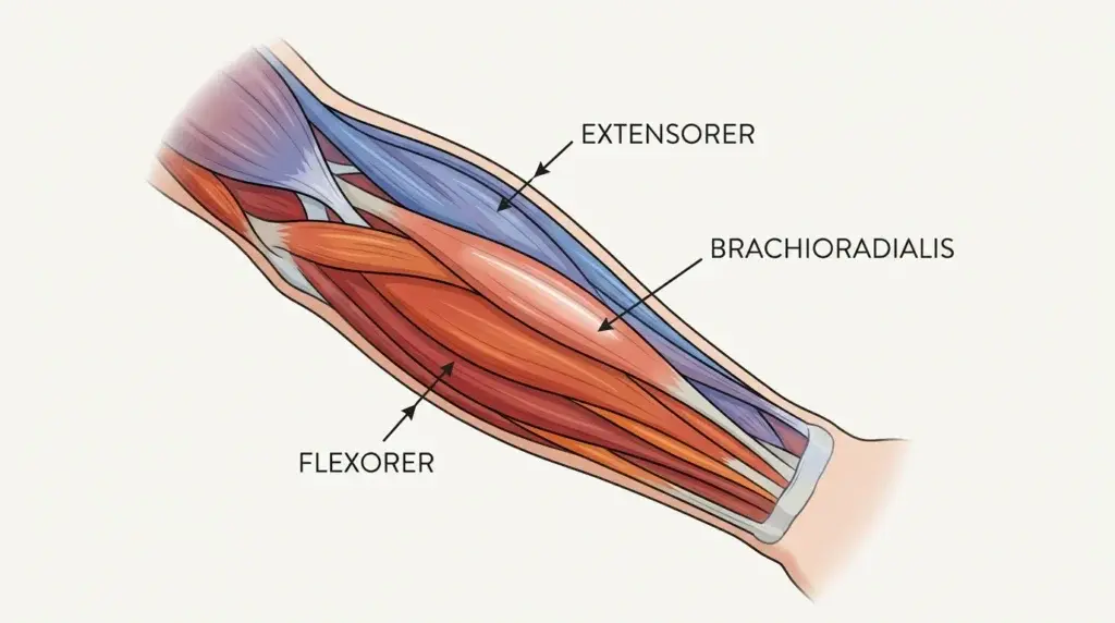 Illustration av underarmens muskler med flexorer, extensorer och brachioradialis utmärkta