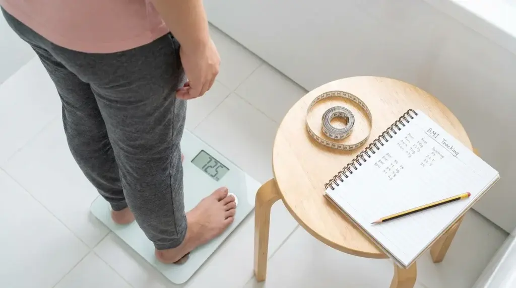 Person står på en badrumsvåg med måttband och anteckningsblock bredvid för att mäta vikt och längd för att räkna ut BMI med en kalkylator.