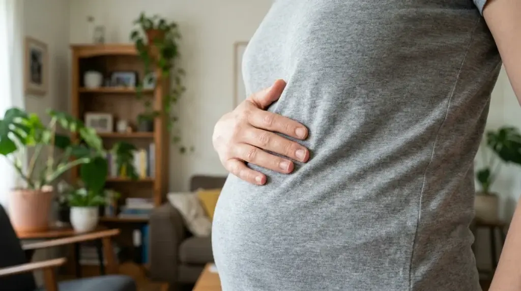 Hand vilar på magen som vidgas på ett djupt andetag under qigongandning