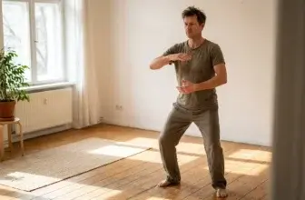 Man som utför en långsam qigong-rörelse med armarna i brösthöjd hemma på ett trägolv