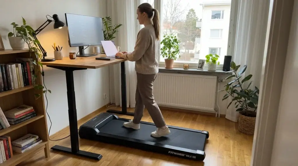 en kvinna som går på gåbandet FitNord Walk 100 medan hon arbetar med datorn vid sitt skrivbord