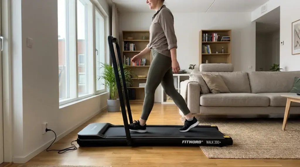 en kvinna går på gåbandet FitNord Walk 300+ i sitt vardagsrum
