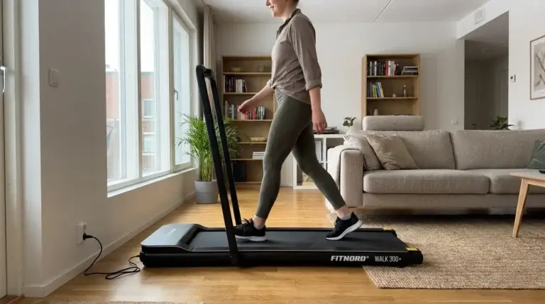 en kvinna går på gåbandet FitNord Walk 300+ i sitt vardagsrum