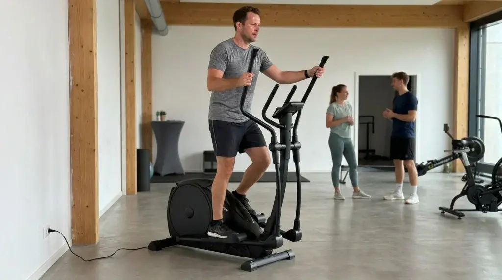 en kille tränar på Hammer Loxon XTR BT '26 crosstrainer med två vänner i en lokal där man kan träna med olika träningsmaskiner