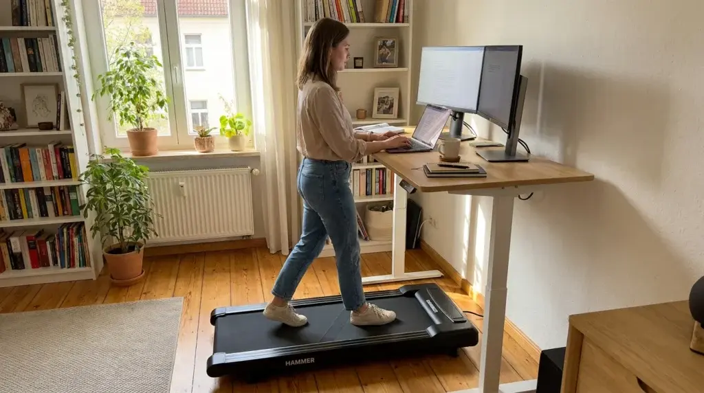 en kvinna gå på gåbandet Hammer Sport Walk 2.0 hemma vid skrivbordet när hon arbetar vid datorn