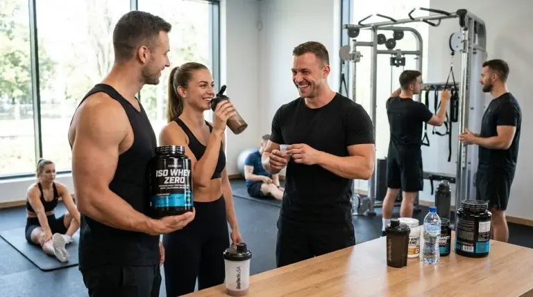 två män och en kvinna som provsmakar Iso Whey Zero Laktosreducerat Vassleproteinisolat efter träningspasset