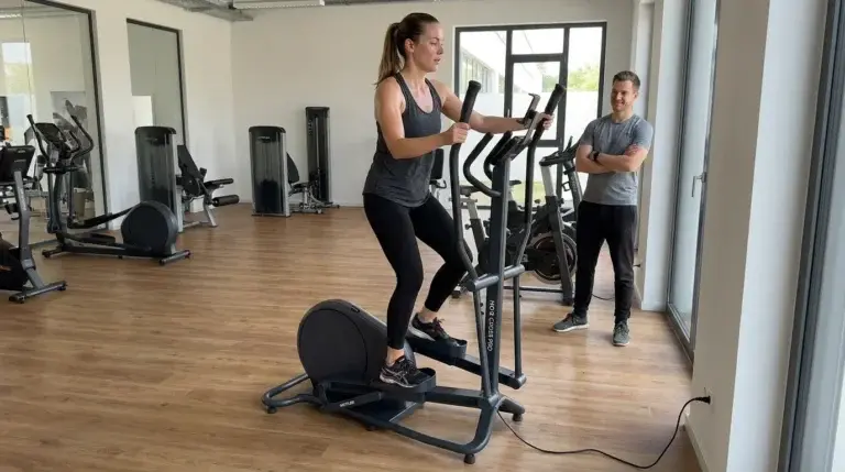 en kvinna tränar en Kettler HOI Cross Pro crosstrainer i ett gym men sin manliga vän