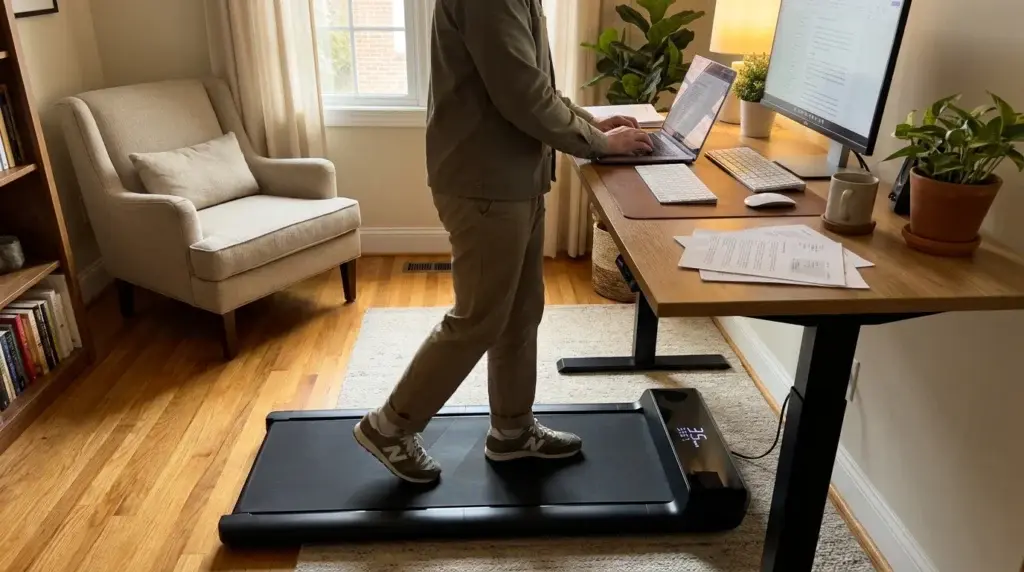 en man arbetar vid sin dator medan han går på gåbandet Kingsmith WalkingPad A1 Plus