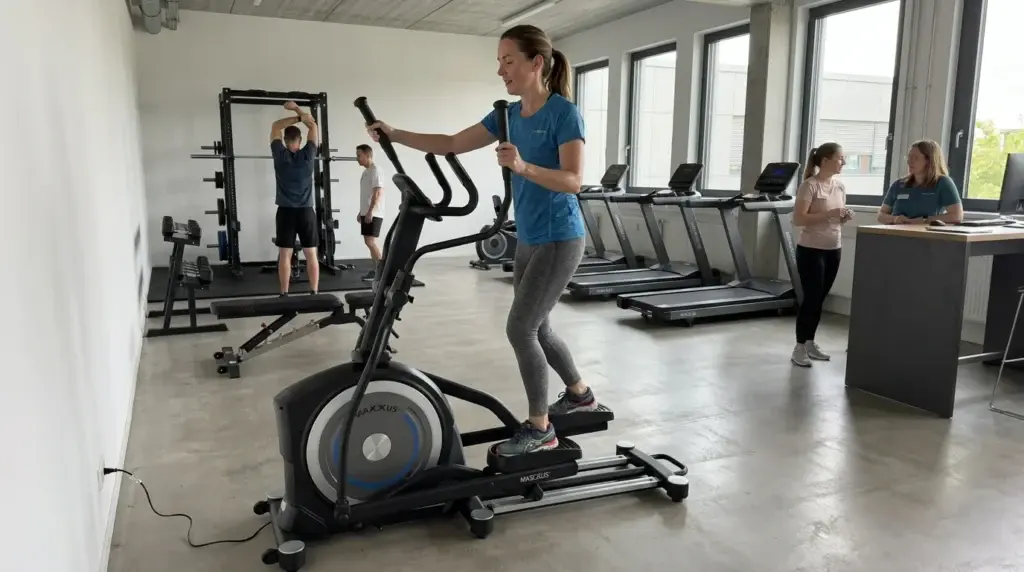 en kvinna tränar på MAXXUS CX 7.8 crosstrainer med andra människor i närheten