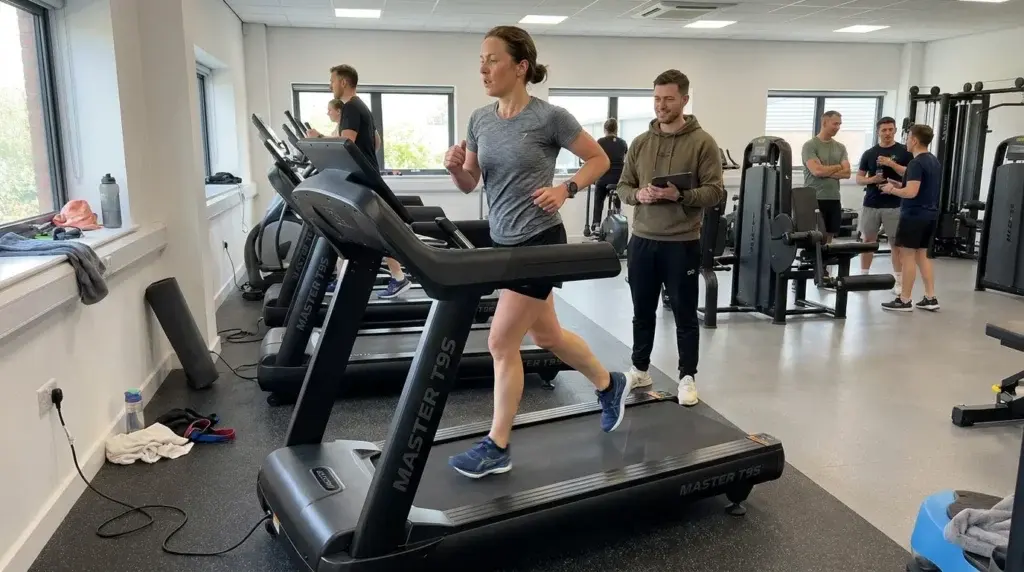 en kvinnlig löpare springer på löpbandet Master Fitness T95 på ett gym