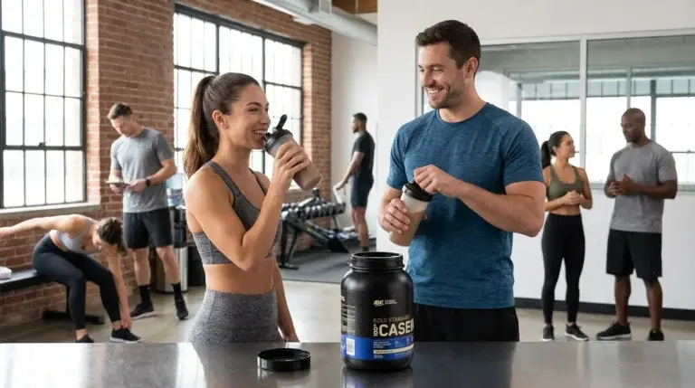 en kille och en tjej drick proteinpulvret Optimum Nutrition Gold Standard 100% Casein på gymmet efter träningen