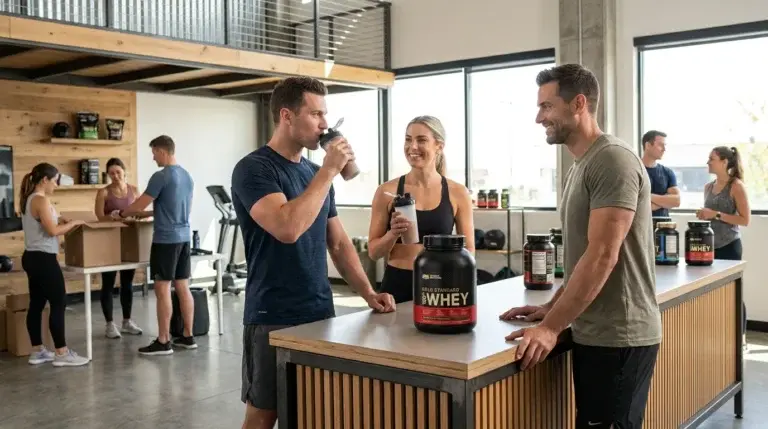 en fitness kvinna och två män dricker proteinpulvret Optimum Nutrition Gold Standard 100% Whey för att avgöra hur det smakar