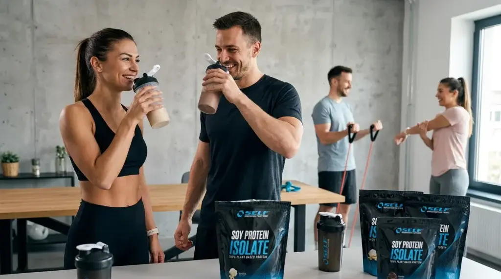 en fitness kvinna och en fitness man dricker SELF Omninutrition Soy Proteinpulver efter träningspasset