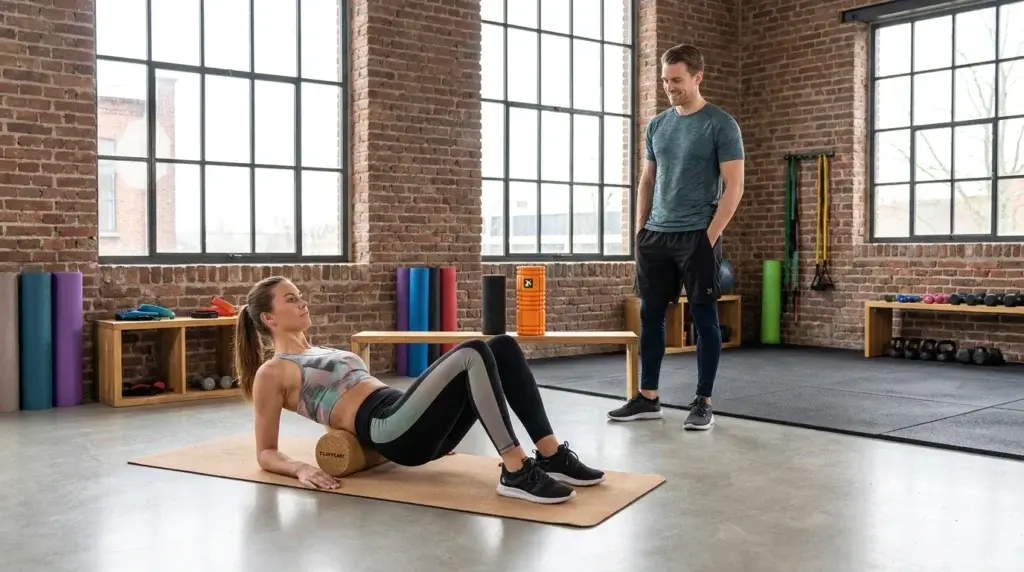 en man och en kvinna använder foam roller och jämför olika modeller i ett gym