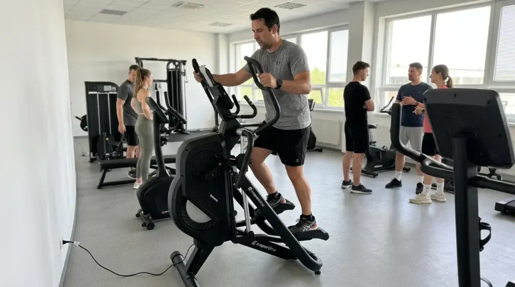 en man tränar på crosstrainern inSPORTline ZenStride 1000 på ett gym