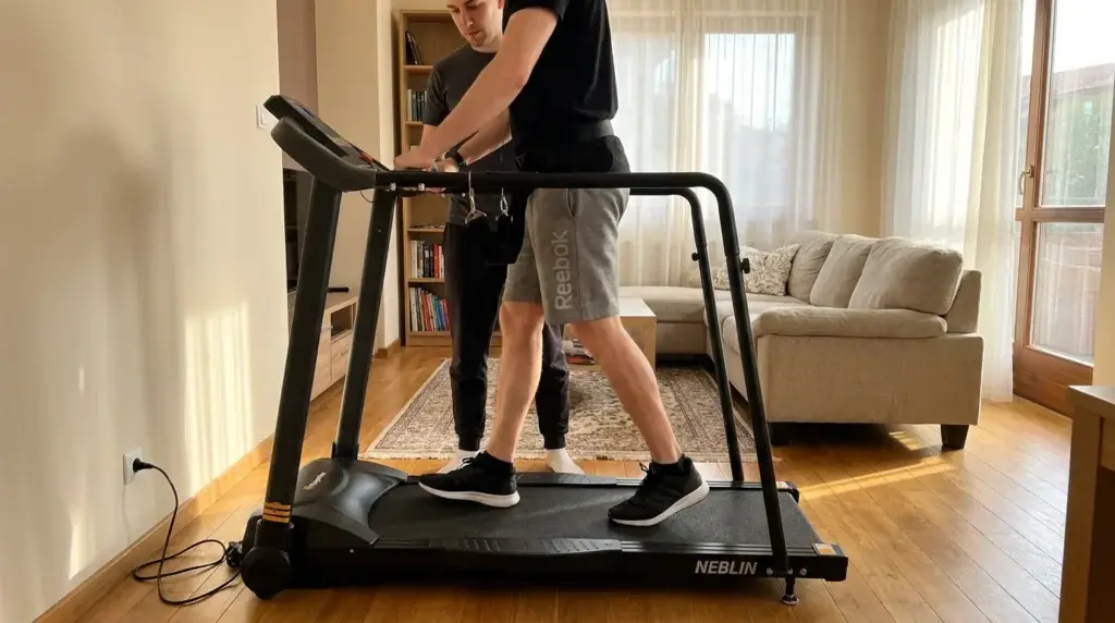 en man går på gåbandet inSPORTline Neblin hemma för rehab mot en skada. En hjälpperson är närvarande bredvid.