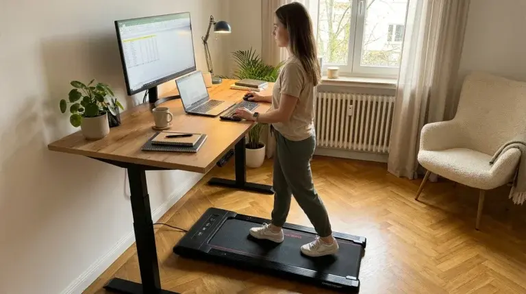 Top Sport 4.1 används av en kvinna som går på det hemma när hon arbetar vid skrivbordet
