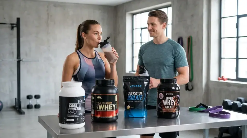 en kvinna och en man som dricker och jämför olika proteinpulver