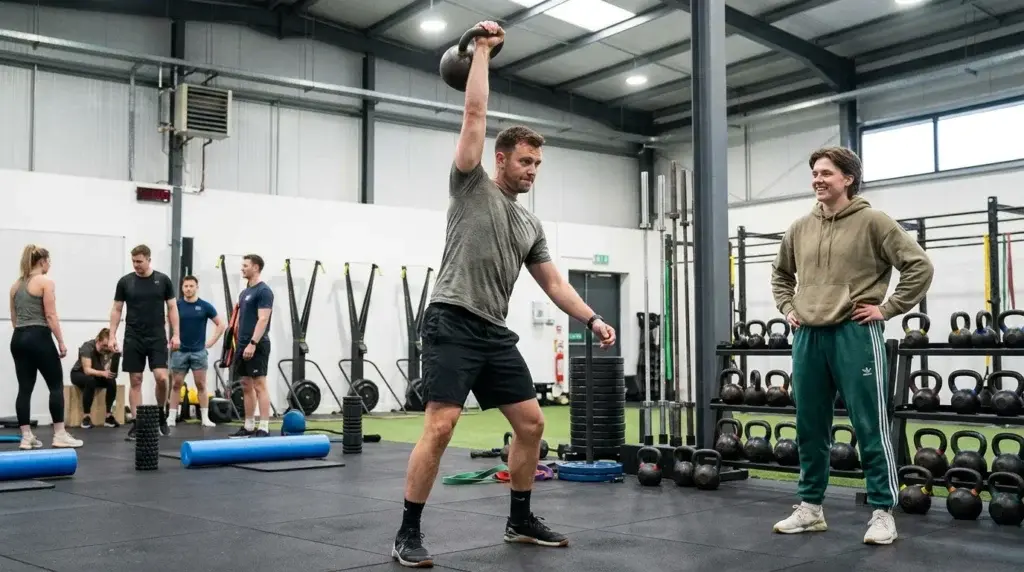 en man prövar olika kettlebells i ett gym och lyfter en kettlebell ovanför huvudet
