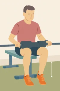 rehabövning av skadad vadmuskel sittandes på bänk. tålyft från golv med vikt rehabövning av skadad vadmuskel sittandes på bänk. tålyft från golv med vikt